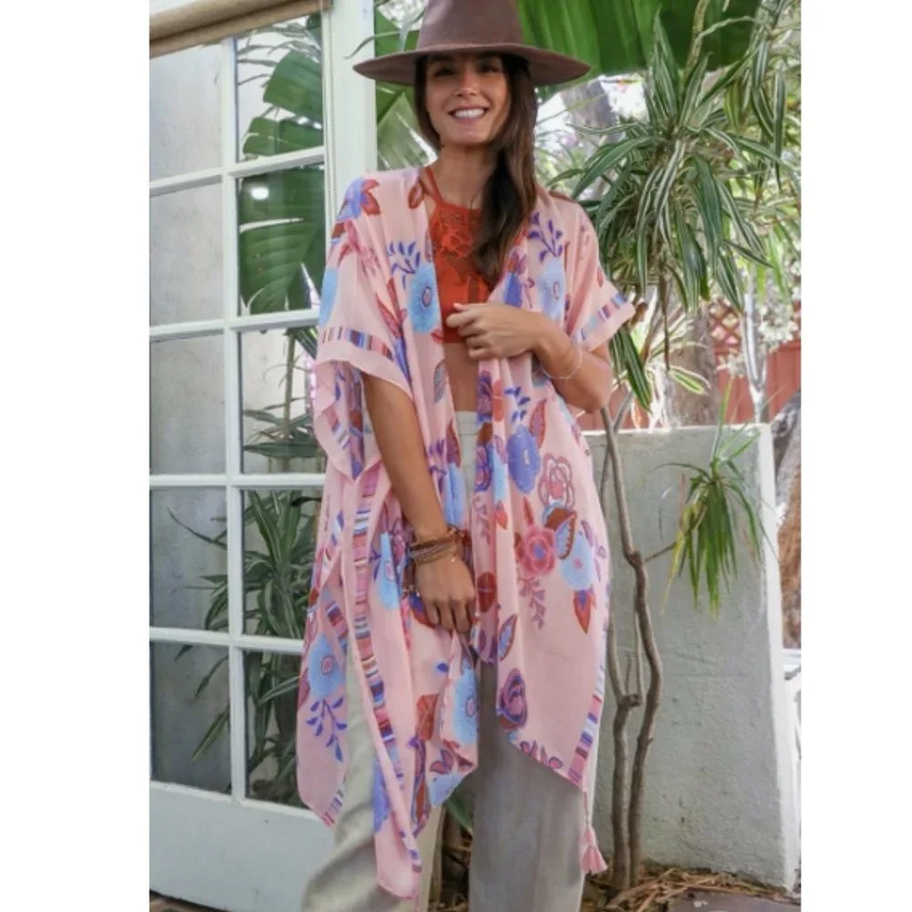 Kimono Robes Cardigan Wallflower Bloom with Tassels color Pink - Picture 1 of 3